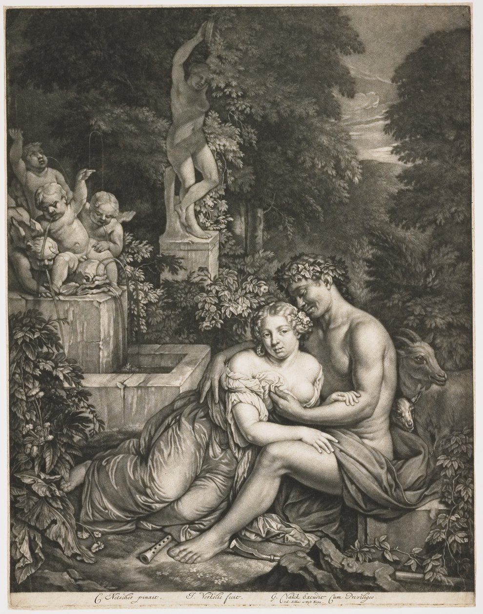 Pan a Pomona, asi 1685 (mezzotinta) od Jan Verkolje