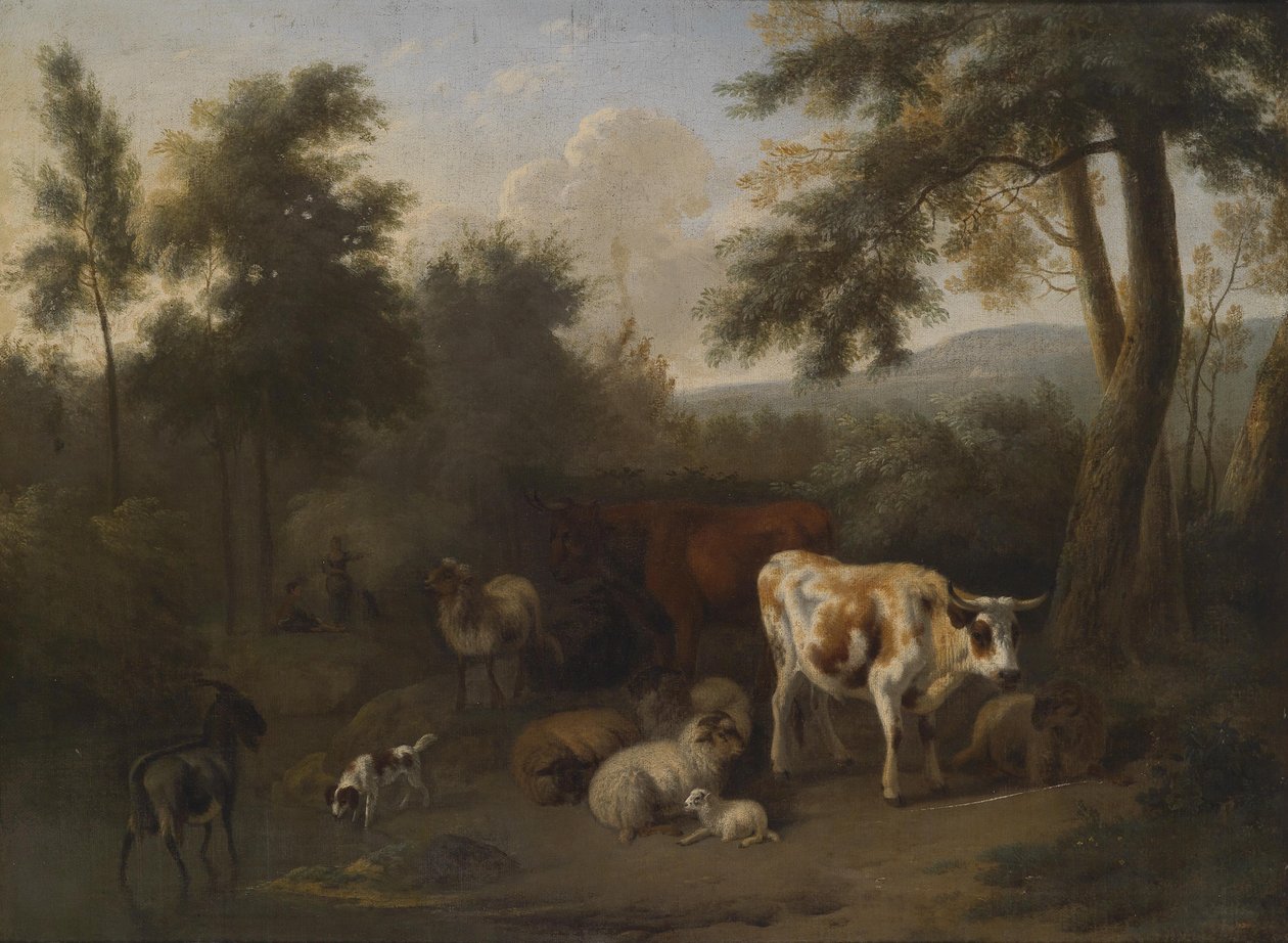 Zalesněná krajina s utábořeným dobytkem a pastýři od Jan Vermeer van Haarlem