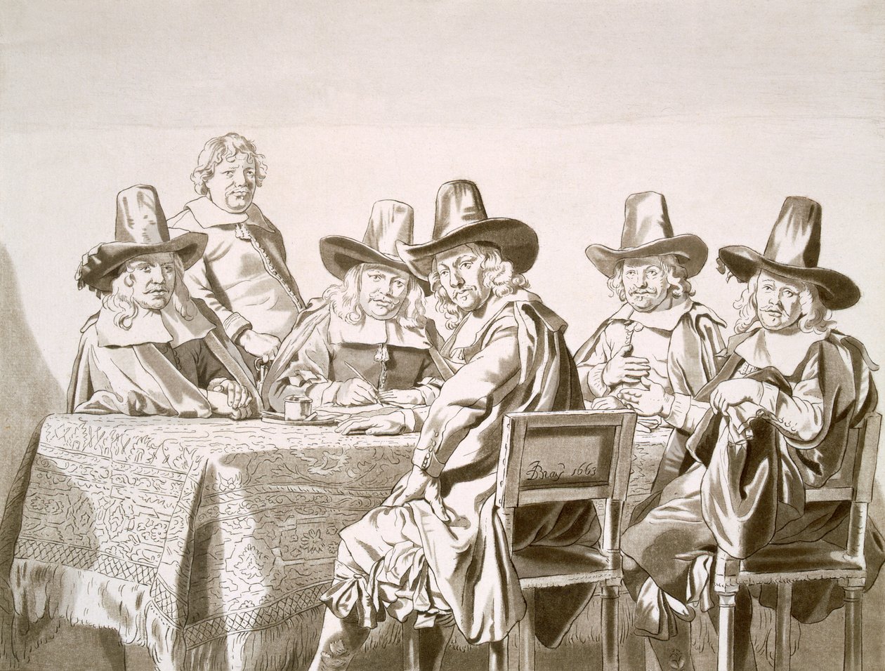 Sedmnácté století setkání výboru hodnostářů města nebo podobného, kolem stolu, z roku 1663 od Jan de Bray