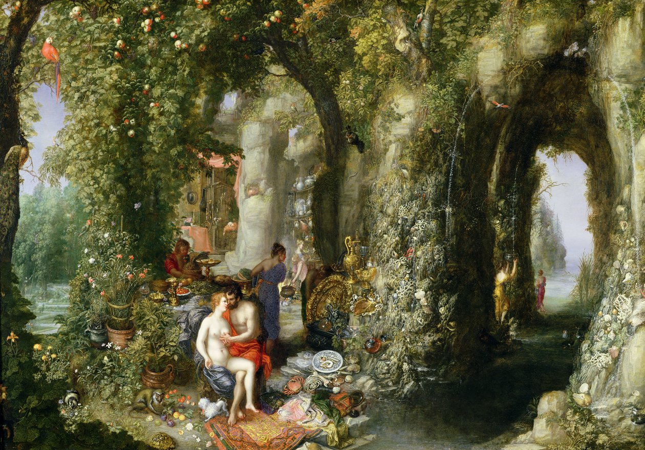 Fantastická jeskyně s Odysseem a Kalypsó od Jan the Elder Brueghel