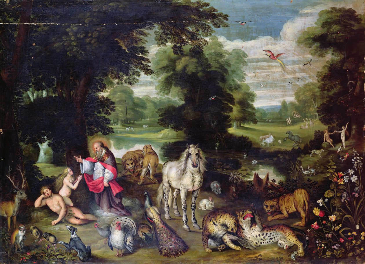 Adam a Eva s Bohem v zahradě Eden a příběh Pádu od Jan the Elder Brueghel