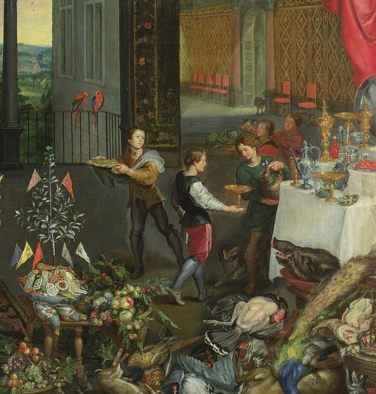 Alegorie chuti, detail serverů přinášejících víno, 1618 (detail 61052) od Jan the Elder Brueghel