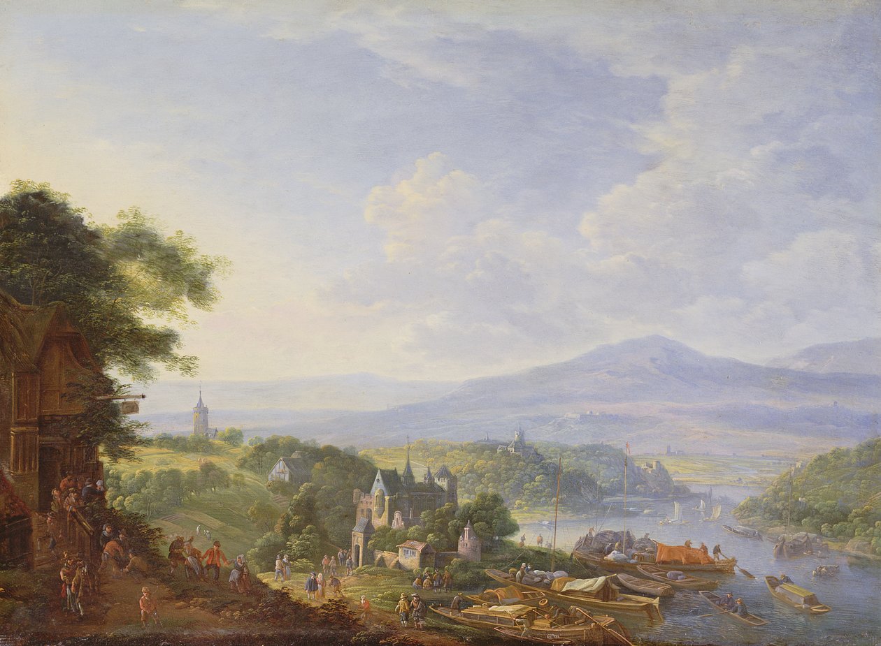 Pohled na Rýn, poblíž Kolína nad Rýnem, cca 1700-10 (olej na mědi) od Jan the Elder Griffier