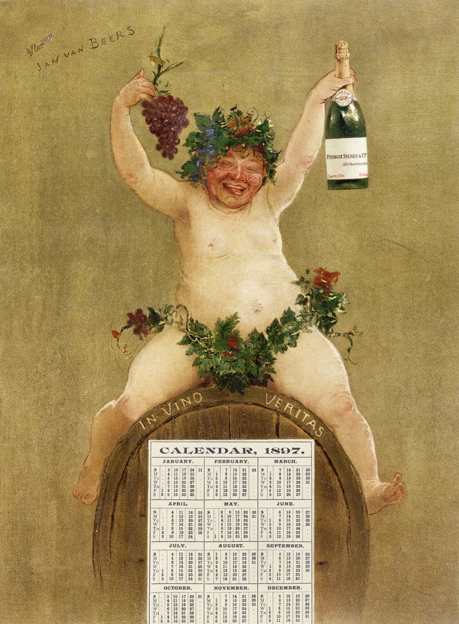 Propagační kalendář pro Pfungst Freres Champagne, zobrazující Baccha sedícího na sudu s legendou „In Vino Veritas“, 1897 od Jan van Beers