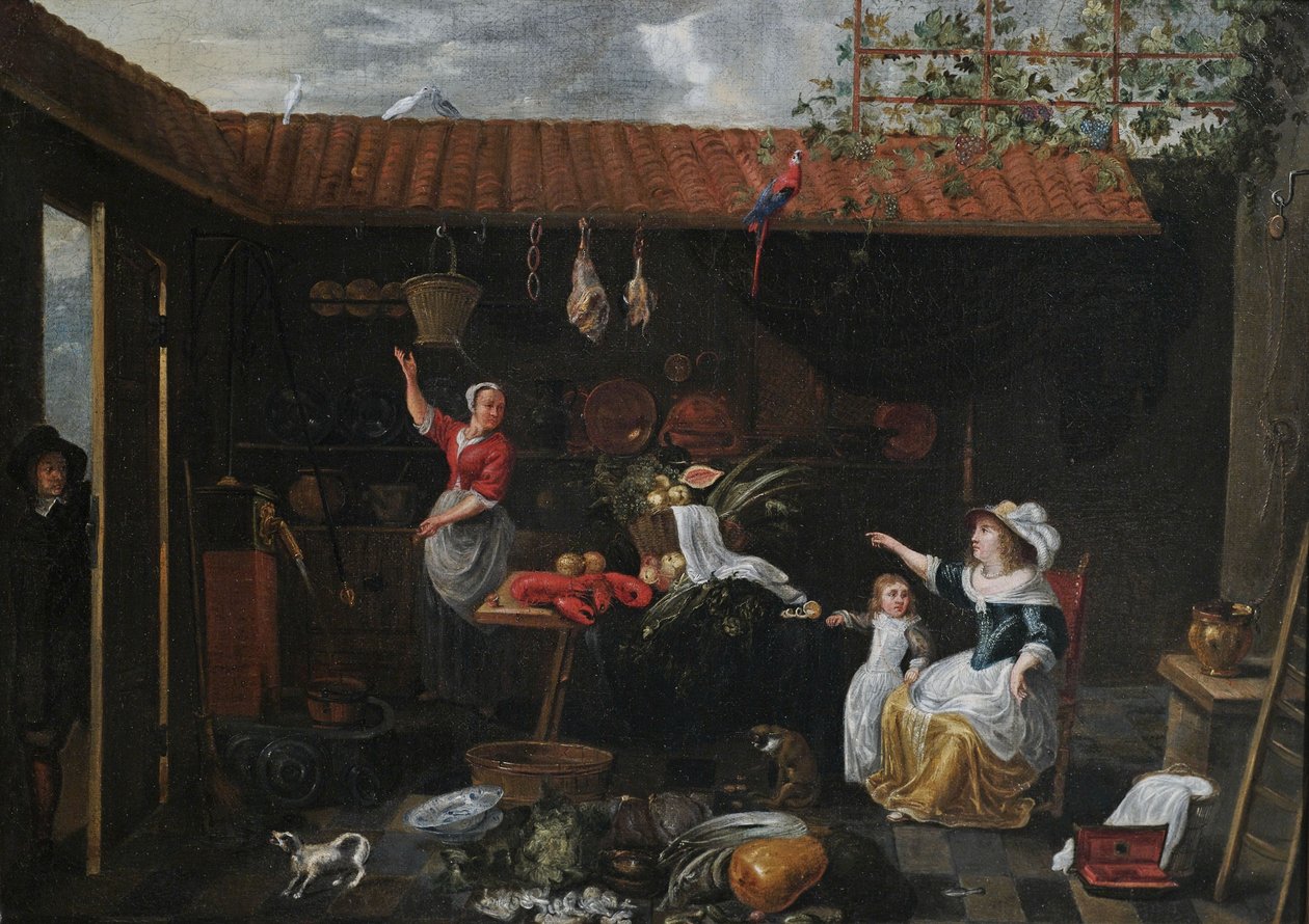 Vnitřní pohled na nádvoří s kuchyňskými potřebami, nádobím, pokojskou a paní domácí od Jan van Buken