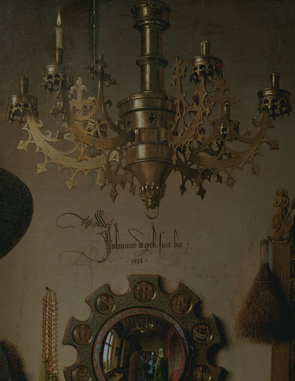 Portrét Giovanniho? Arnolfini a jeho manželka Giovanna Cenami? Arnolfini Marriage 1434 olej na detail panelu z roku 1765 od Jan van Eyck