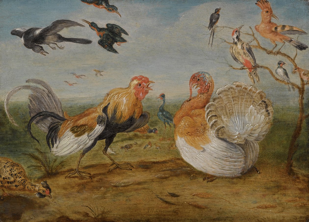 Krajina s kohoutkem a krocanem a dalšími ptáky od Jan van Kessel the Elder