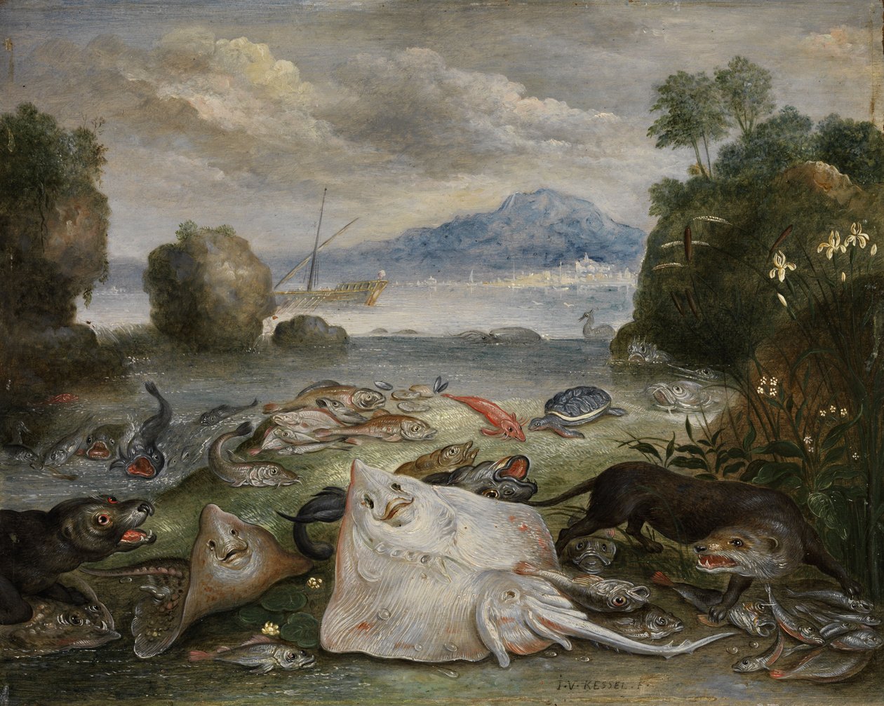 Mořská zvířata, ryby a vydry na pláži s výhledem na záliv s plachetnicí a horou v dálce od Jan van Kessel the Elder