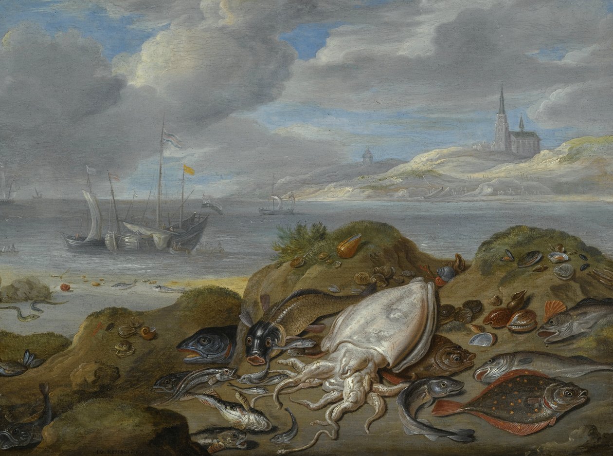 Zátiší s sépie, platýse, tresky, mušlí a dalších ryb na duně, kostel přes ústí za ním od Jan van Kessel the Elder