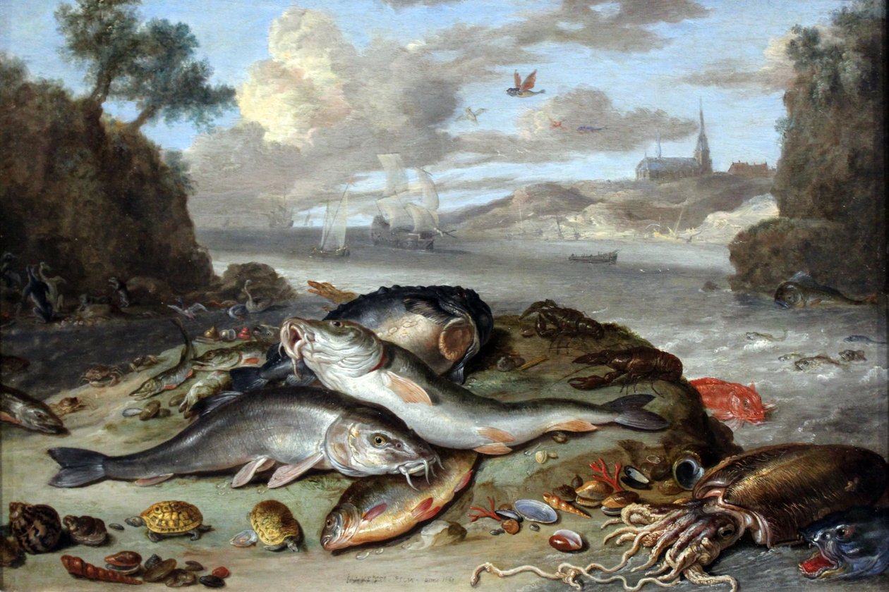 Zátiší s rybami a mořskými živočichy v pobřežní krajině od Jan van Kessel the Elder