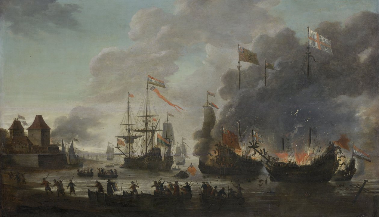 The Dutch Burn English Ships během expedice do Chathamu, 20. června 1667 (Raid on the Medway), c.1667 od Jan van Leyden