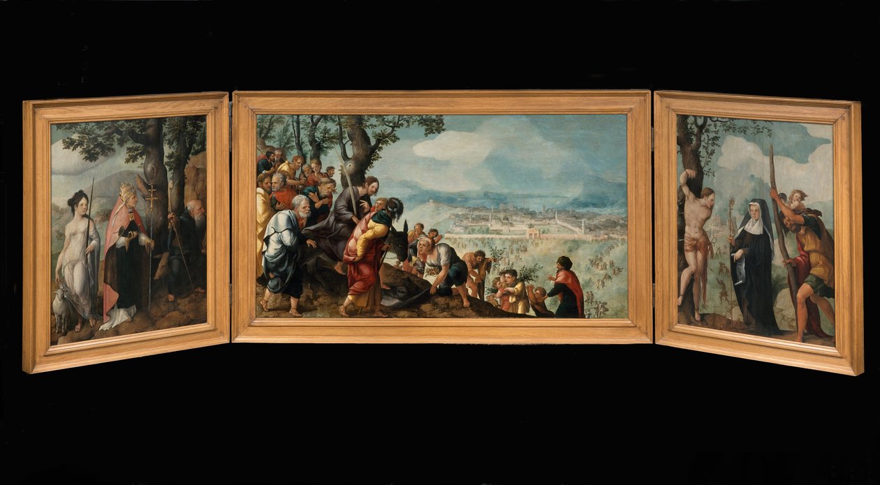 Triptych se vstupem Krista do Jeruzaléma, svatých a na vnější straně křídel, patronů rodiny Van Lokhorstů od Jan van Scorel