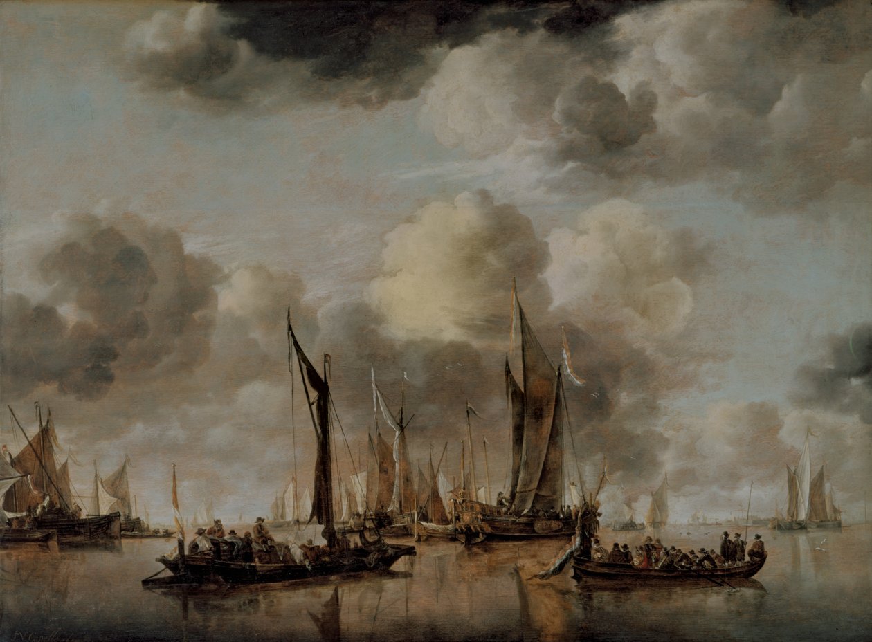Nizozemská jachta salutuje při odplouvání bárky, 1650 od Jan van de Capelle or Cappelle