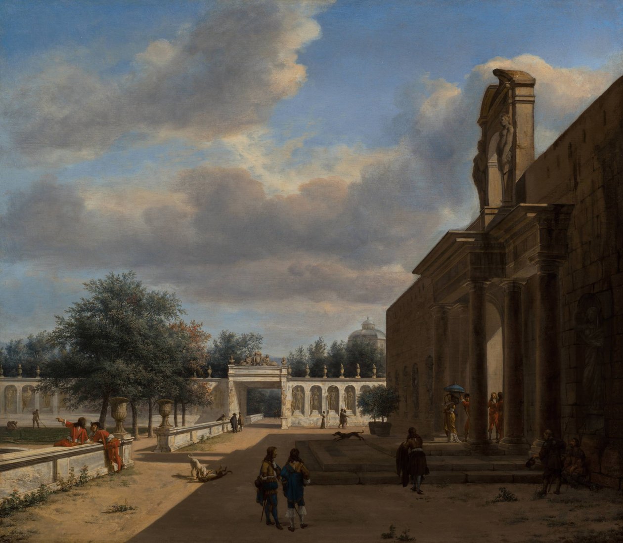 Palácová zahrada s postavami vycházejícími z paláce vpravo od Jan van der Heyden