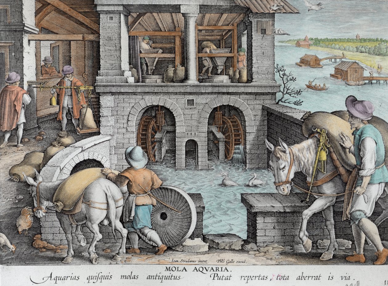 Vodní mlýn, deska 11 z „Nova Reperta“ (Nové objevy), vyrytý Philipem Gallem (1537-1612) kolem 1600 (pozdější kolorování) od Jan van der Straet