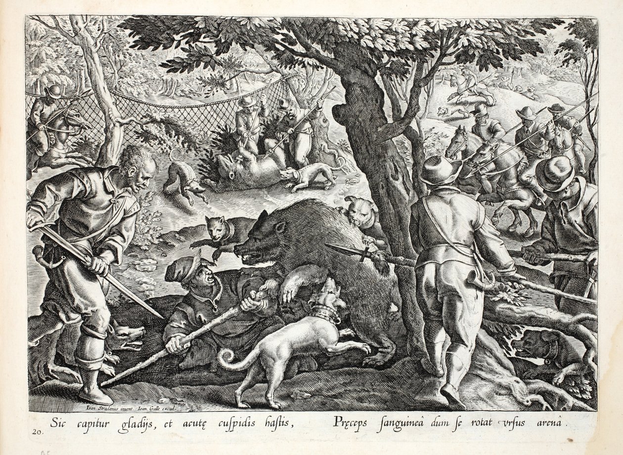 Lov na medvěda zobrazující chlupatého medvěda zatínajícího ostré drápy do jednoho z lovců, ilustrace z „Venationes, Ferarum, Avium, Piscium“ (Lovu: Divoká zvířata, ptáci, ryby), vyryl Jan Collae od Jan van der Straet