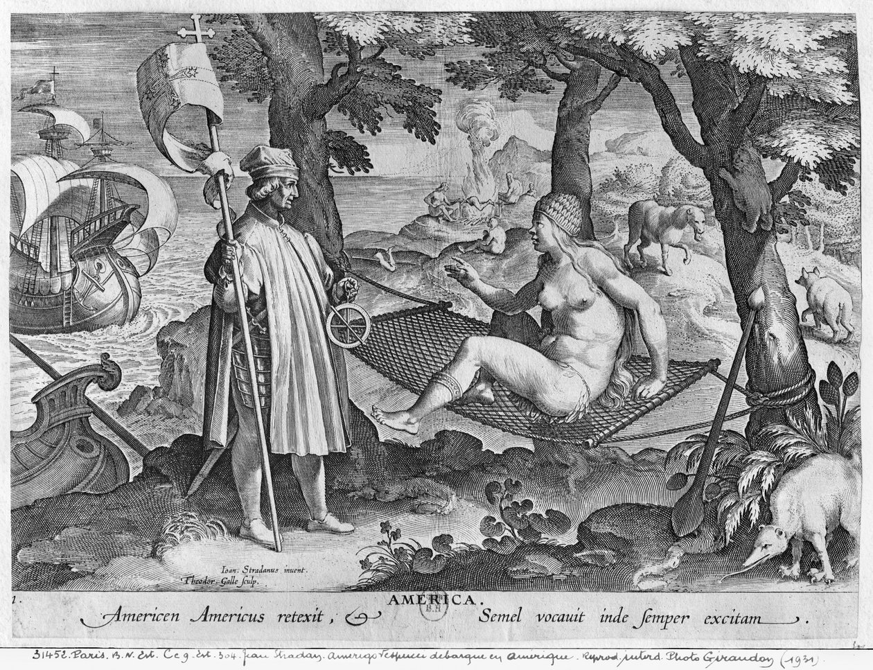 Amerigo Vespucci (1454-1512) přistání v Americe, vyryl Theodor Galle (1571-1633) od Jan van der Straet