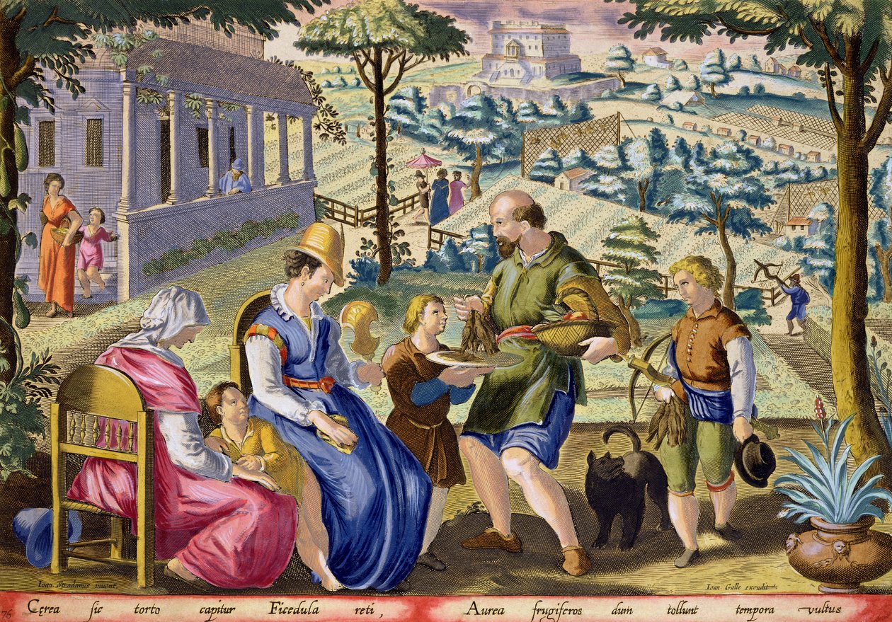 Birdcatchers prodávající mrtvé ptáky, deska 76 z „Venationes Ferarum, Avium, Piscium“ (Lovu: Divoká zvířata, ptáci, ryby), vyrytý Jan Collaert (1566-1628), vydal Phillipus Gallaeus z Amste od Jan van der Straet