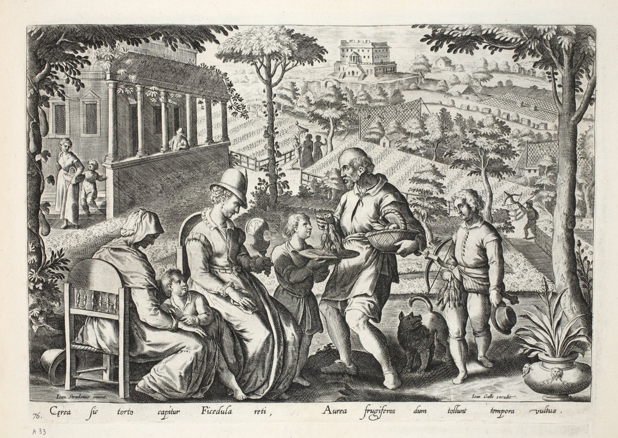 Lovci ptáků prodávají mrtvé ptáky, deska 76, ilustrace z knihy "Venationes, Ferarum, Avium, Piscium" (O lovu: divoká zvěř, ptáci, ryby), vyryl Jan Collaert (1566-1628), vydal Phillipus Galla. od Jan van der Straet