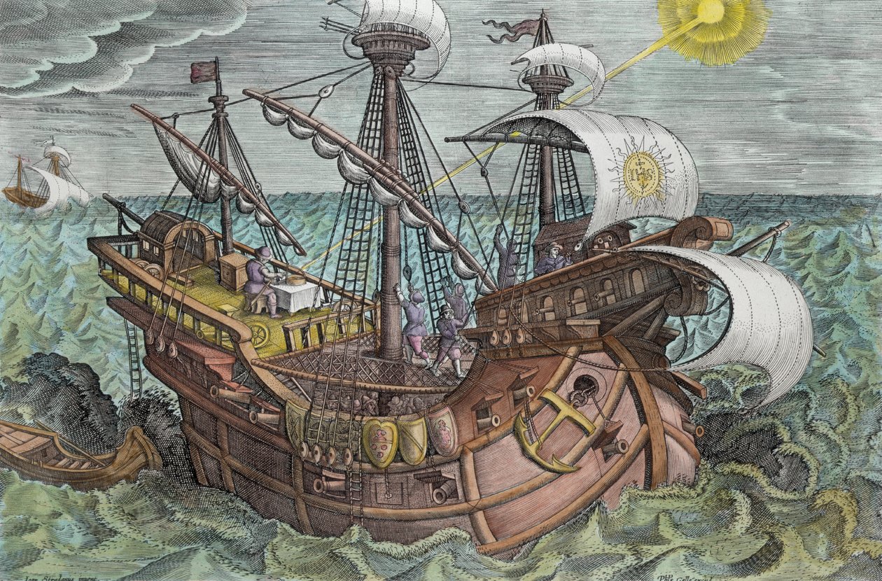 Výpočet zeměpisné délky s deklinací Slunce, deska 17 z „Nova Reperta“ (Nové objevy) vyrytá Philipem Gallem (1537-1612) kolem 1600 (pozdější kolorování) od Jan van der Straet
