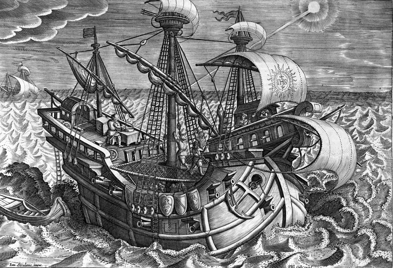 Výpočet zeměpisné délky s deklinací Slunce, deska 17 z „Nova Reperta“, vyryl Philip Galle, kolem 1580-1605 od Jan van der Straet