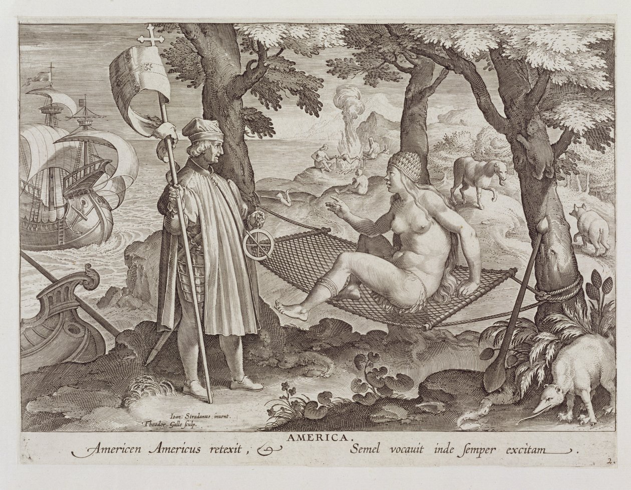 Columbus Discovering America, deska 2 z „Nova Reperta“ (Nové objevy), vyrytý Theodor Galle (1571-1633) kolem 1600 od Jan van der Straet