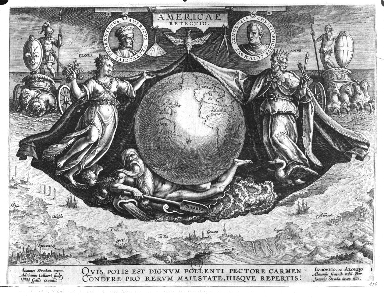 Objev Ameriky s portréty Ameriga Vespucciho (1454-1512) a Kryštofa Kolumba (1451-1506) vyryté Janem Collaertem (1566-1628) tiskl Philipp Galle (1537-1612) kolem 1600 (nar. od Jan van der Straet