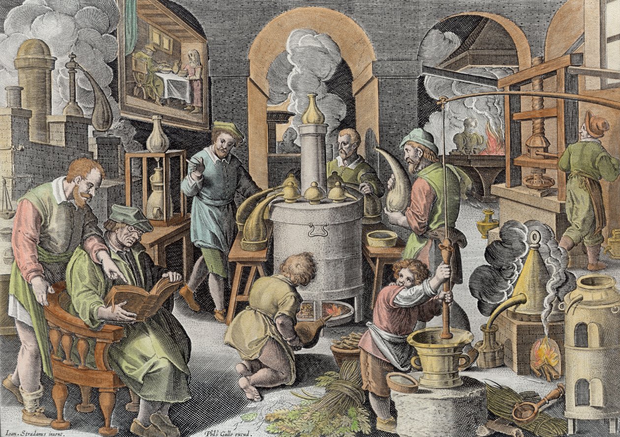 Destilace, vroucí voda k jejímu vyčištění, vyryto Philipem Gallem (1537-1612) (pozdější zbarvení) od Jan van der Straet