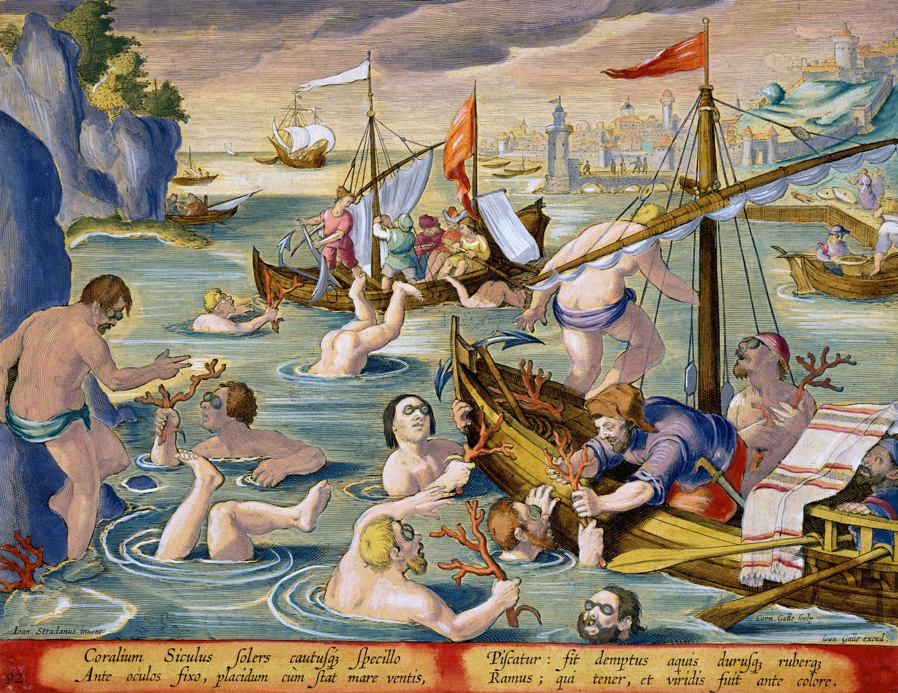 Diving for Coral, deska 92 z „Venationes Ferarum, Avium, Piscium“ (Lovu: Divoká zvířata, ptáci, ryby), vyrytý Janem Collaertem (1566-1628), vydal Phillipus Gallaeus z Amsterdamu (ruční barva od Jan van der Straet