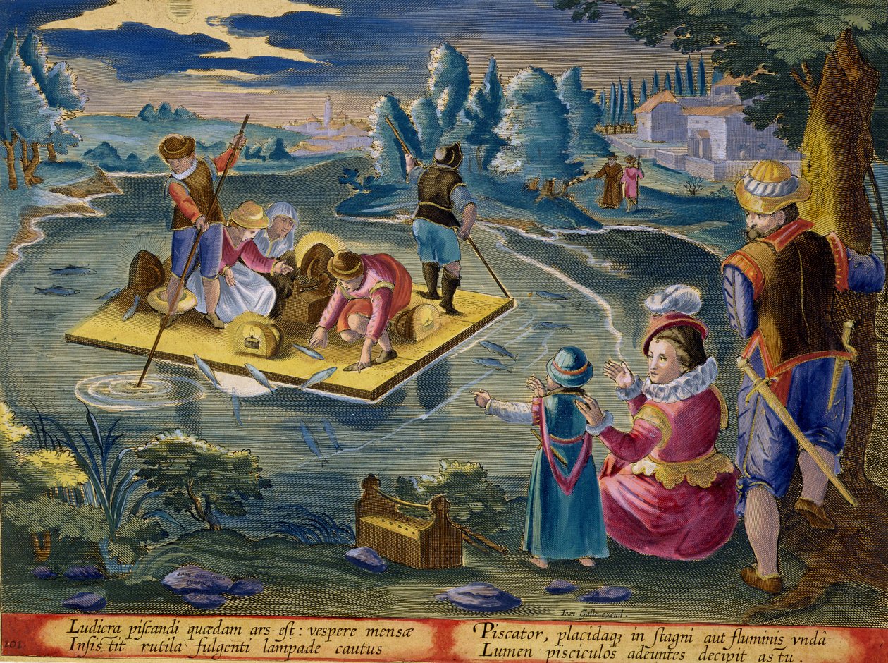 Rybaření na jezeře v noci, deska 101 z „Venationes Ferarum, Avium, Piscium“ (Lov: Divoká zvířata, ptáci, ryby), vyrytý Jan Collaert (1566-1628), vydal Phillipus Gallaeus z Amsterdamu od Jan van der Straet