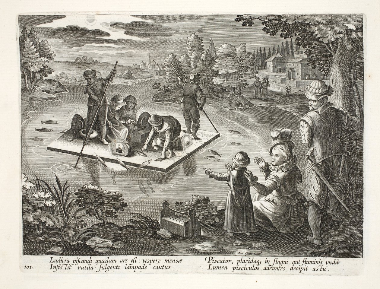 Rybolov na jezeře v noci, deska 101, ilustrace z knihy "Venationes, Ferarum, Avium, Piscium" (O lovu: divoká zvěř, ptáci, ryby), vyryl Jan Collaert (1566-1628), vydal Phillipus Gallaeus, od Jan van der Straet