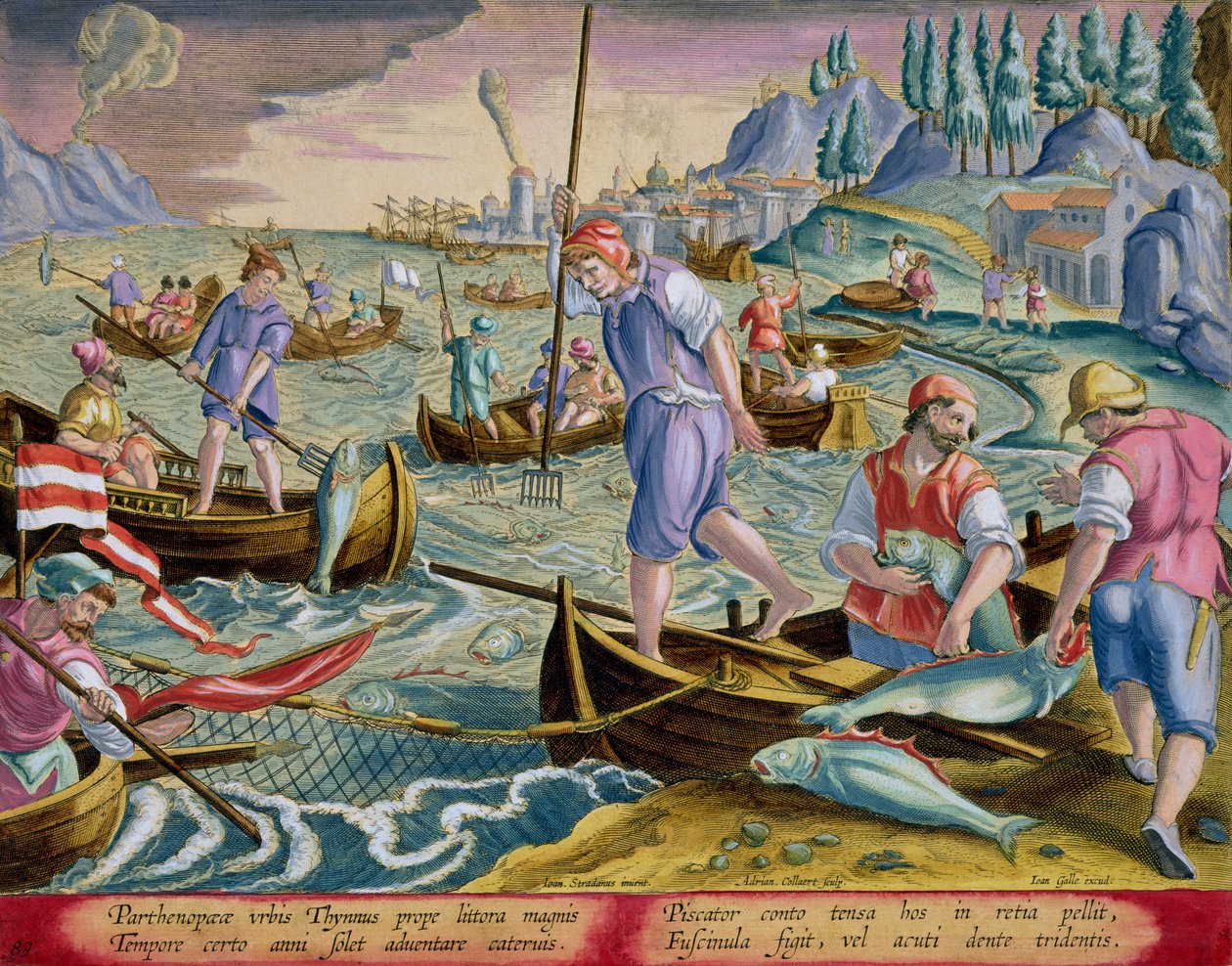 Rybaření pomocí sítí a trojzubců v Neapolském zálivu, deska 89 z „Venationes Ferarum, Avium, Piscium“ (Lovu: Divoká zvěř, ptáci, ryby), vyrytý Jan Collaert (1566-1628) nakladatelství Phillip od Jan van der Straet