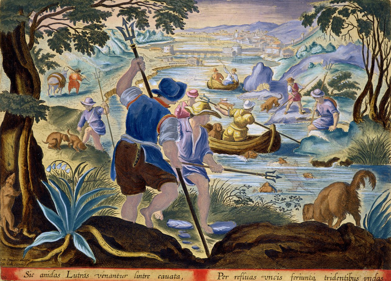 Rybaření s trojzubci, deska 90 z „Venationes Ferarum, Avium, Piscium“ (Lovu: Divoká zvířata, ptáci, ryby) vyrytý Janem Collaertem (1566-1628) vydaný Phillipusem Gallaeem z Amsterdamu (ručně od Jan van der Straet
