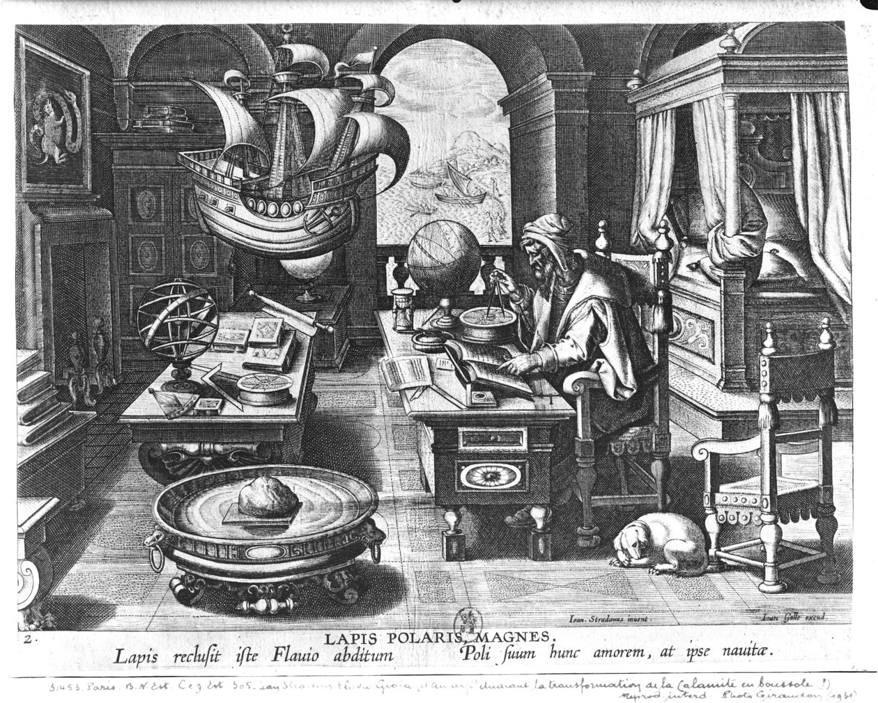 Flavio Gioia z Amalfi objevuje sílu kamene, deska 3 z knihy "Nova Reperta" (Nové objevy), kterou vyryl Philip Galle (1537-1612) kolem roku 1600. od Jan van der Straet