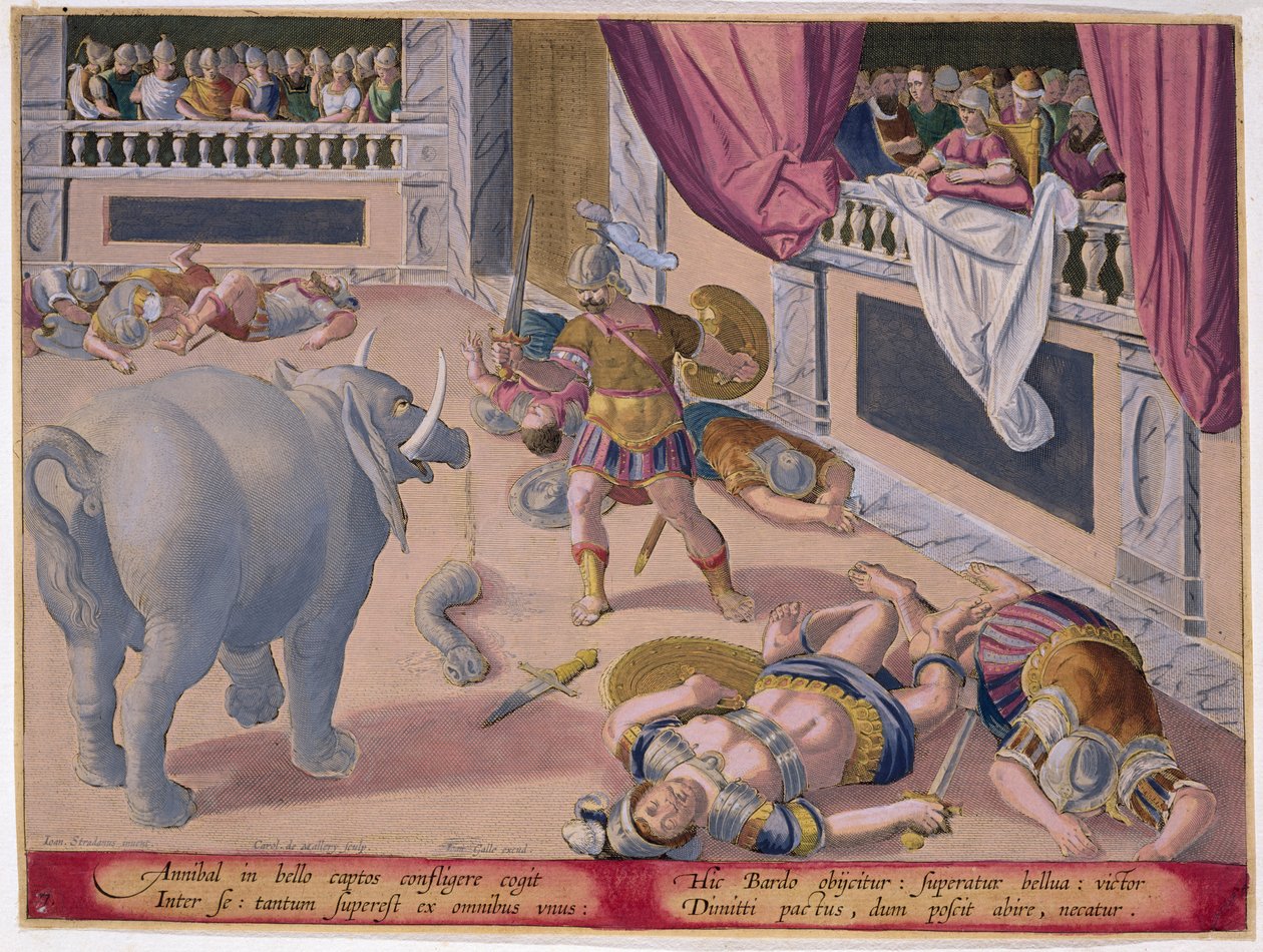 Hannibal (247-c.183 př.nl) Nutí poražené Římany bojovat mezi sebou, deska 7 z „Venationes Ferarum, Avium, Piscium“ (O lovu: Divoká zvířata, ptáci, ryby), vyrytý Jan Collaert (1566-1628) od Jan van der Straet