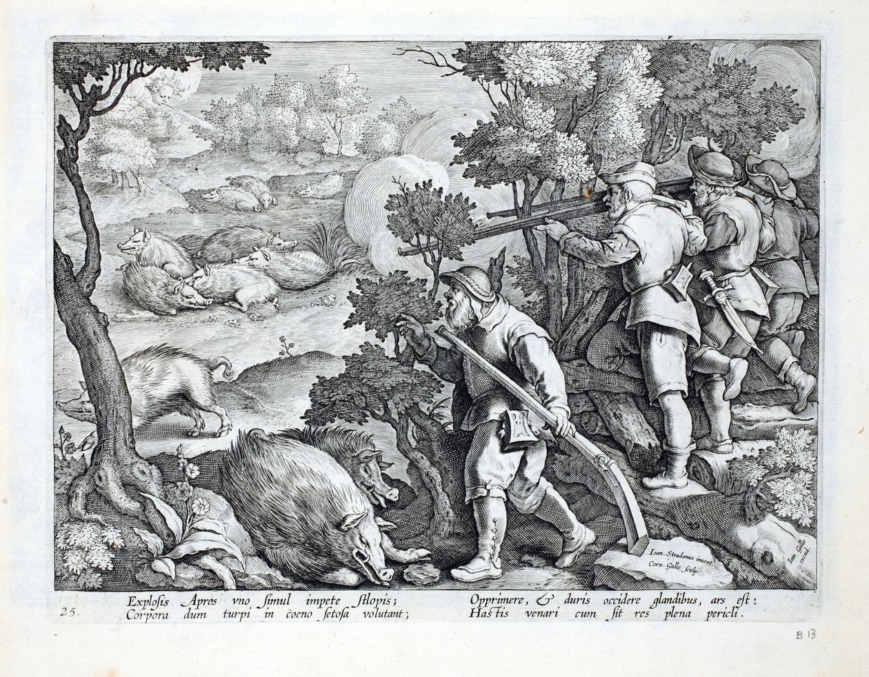 Lovci používají zbraně k sestřelení divočáků, kteří se válejí v bahně, ilustrace z 