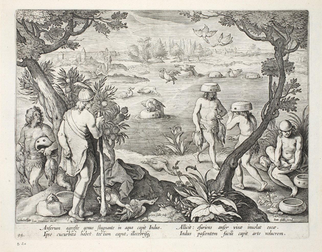 Indiánský způsob lovu hus v mělké vodě, kdy se jim na hlavu nasadí tykev s potravní návnadou, deska 94, ilustrace z knihy "Venationes, Ferarum, Avium, Piscium" (O lovu: Divoká zvěř od Jan van der Straet