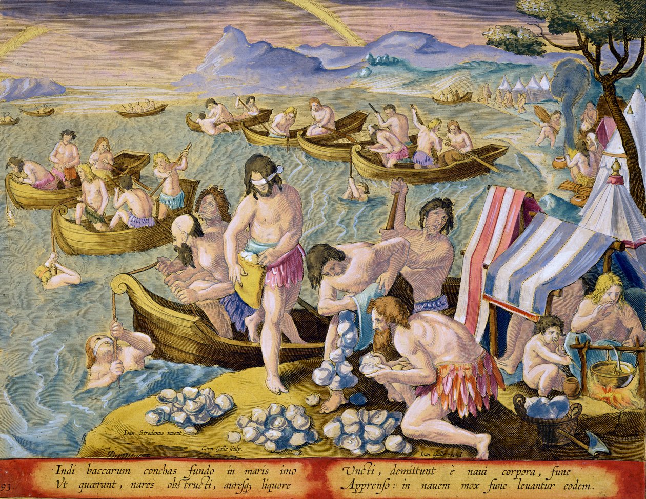 Indiáni potápějící se za perlami, deska 93 z „Venationes Ferarum, Avium, Piscium“ (Lovu: Divoká zvířata, ptáci, ryby), vyrytý Jan Collaert (1566-1628), vydaný Phillipusem Gallaeem z Amsterdamu ( od Jan van der Straet