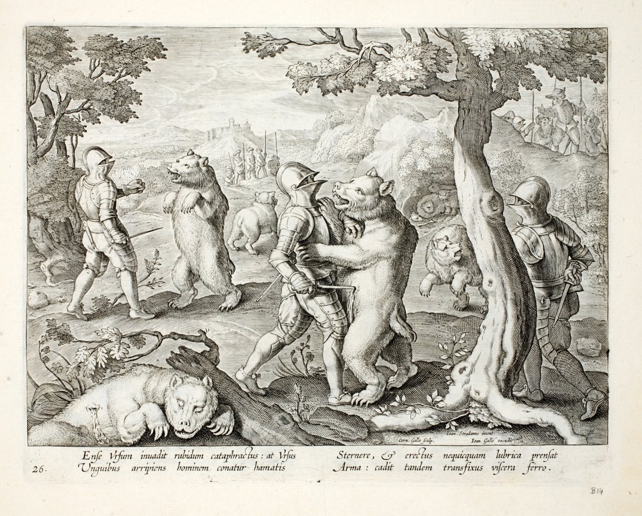 Muži v těžké zbroji útočí na medvědy bodáním do životních funkcí, ilustrace z knihy "Venationes, Ferarum, Avium, Piscium" (O lovu: divoká zvěř, ptáci, ryby), vyryl Jan Collaert (1566-1628), s od Jan van der Straet