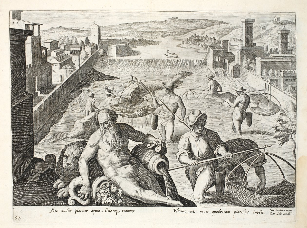Způsob lovu ryb v mělké vodě pomocí sítí čtvercového tvaru, ilustrace z „Venationes, Ferarum, Avium, Piscium“ (Lovu: Divoká zvěř, ptáci, Ryby), vyryl Jan Collaert (1566-1628), od Jan van der Straet
