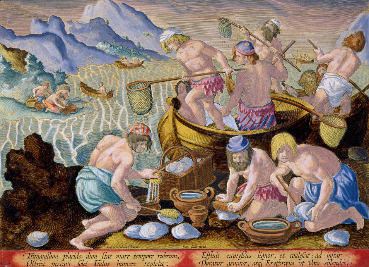 Domorodci lovící obří škeble na Indu, deska 102 z „Venationes Ferarum, Avium, Piscium“ (Lovu: Divoká zvířata, ptáci, ryby), vyrytý Jan Collaert (1566-1628), vydal Phillipus Gal od Jan van der Straet