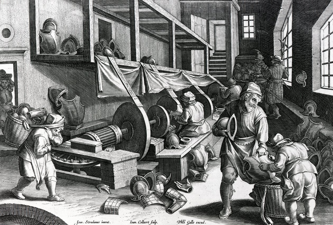 Leštění zbroje, deska 17 „Nova Reperta“, ryl Jan Collaert, kolem 1580-1605 od Jan van der Straet