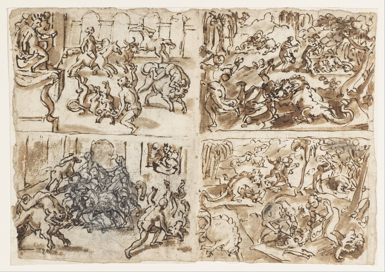 Recto Title- Stránka ze skicáře se čtyřmi scénami- včetně Thessalians Fighting Bulls, horní ... od Jan van der Straet