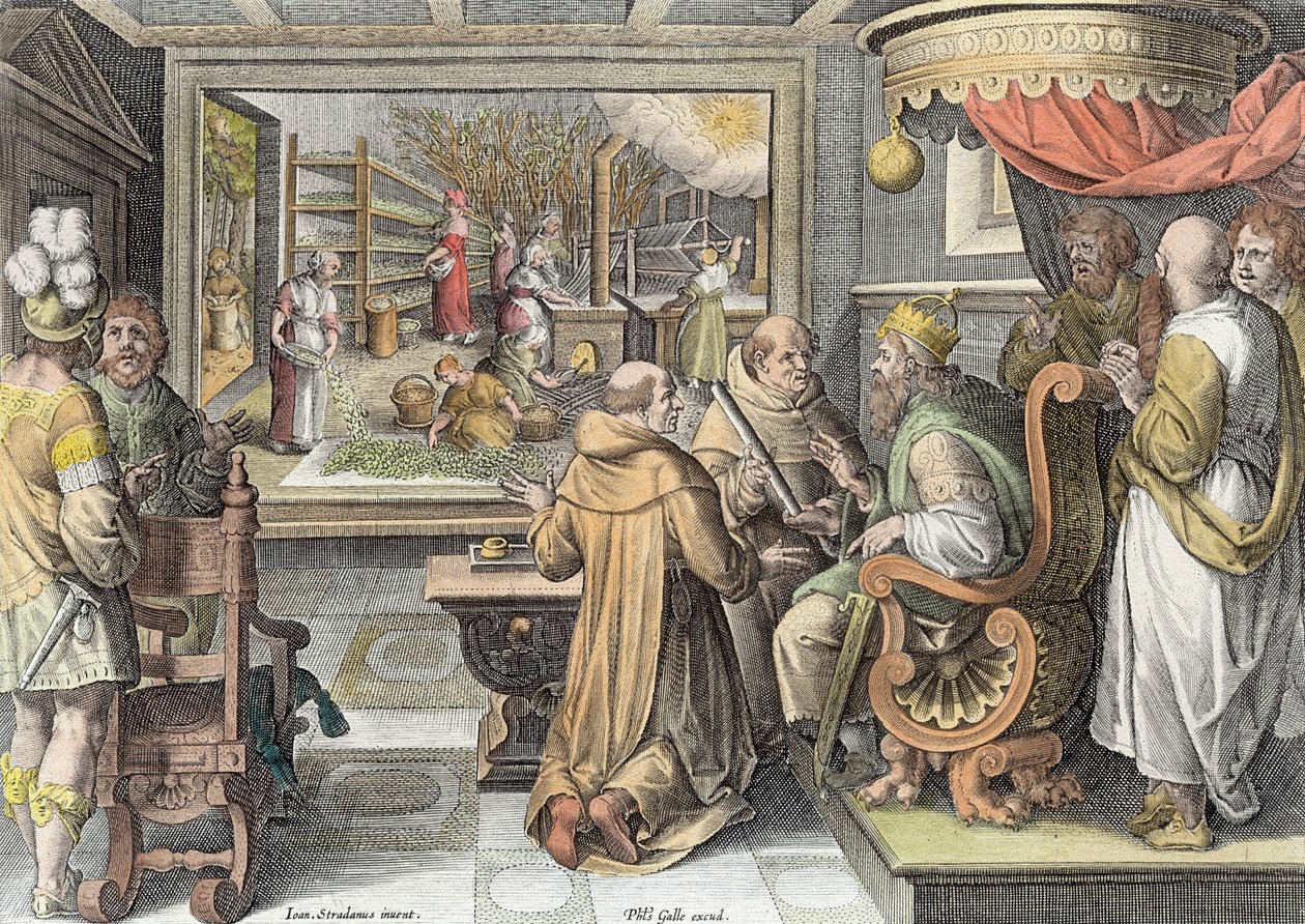Počátek hedvábného průmyslu v Evropě, deska 9 z „Nova Reperta“ (Nové objevy) vyrytá Philipem Gallem (1537-1612) kolem roku 1600 (pozdější kolorování) od Jan van der Straet