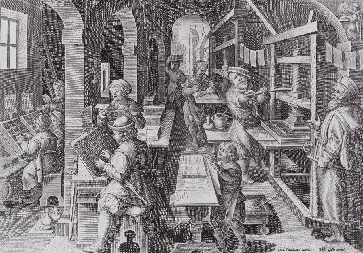 Vývoj tisku, deska 5 z „Nova Reperta“ (Nové objevy), rytý Philip Galle (1537-1612) kolem 1600 od Jan van der Straet