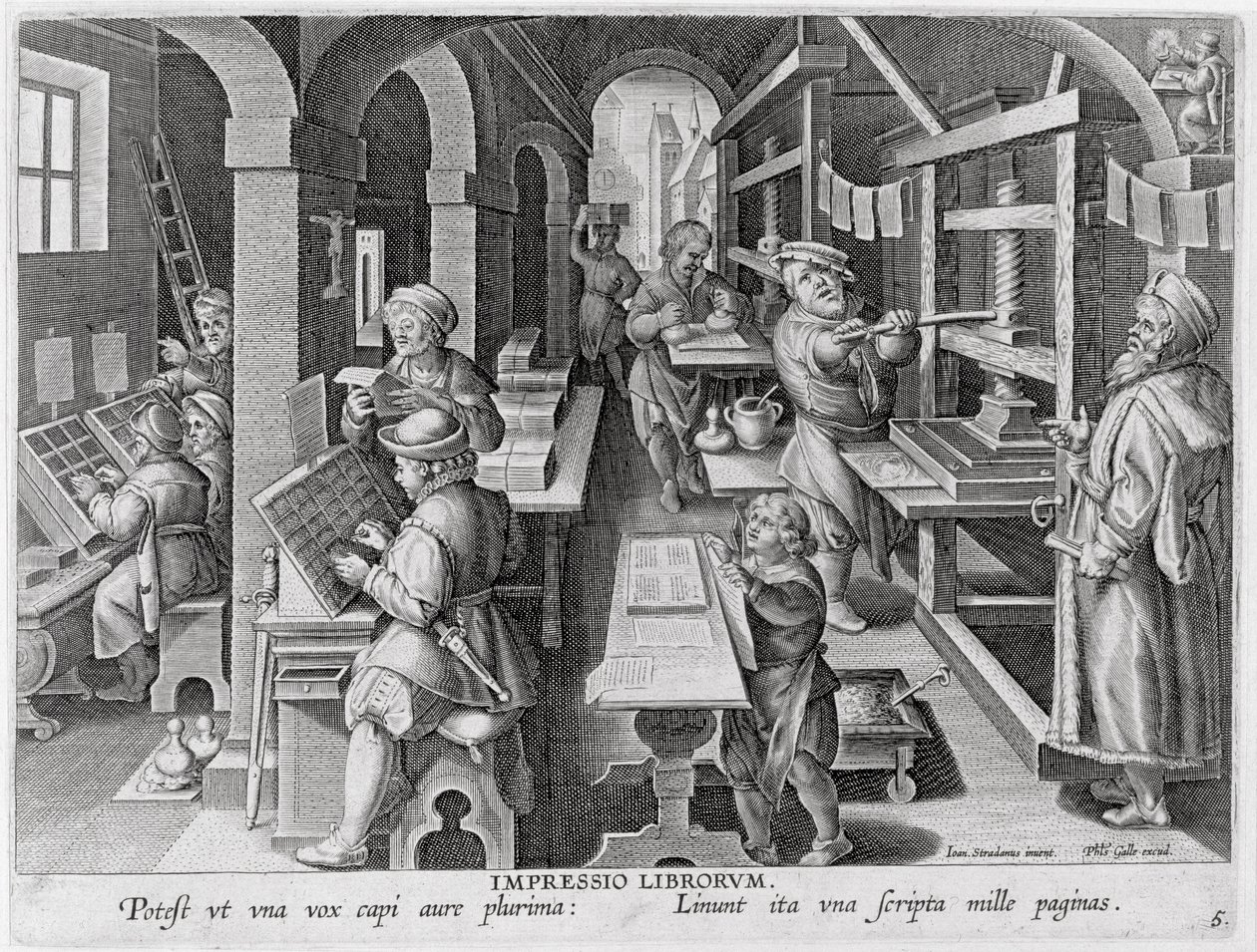 Vývoj tisku, deska 5 z „Nova Reperta“ (Nové objevy), rytý Philip Galle (1537-1612) kolem 1600 od Jan van der Straet