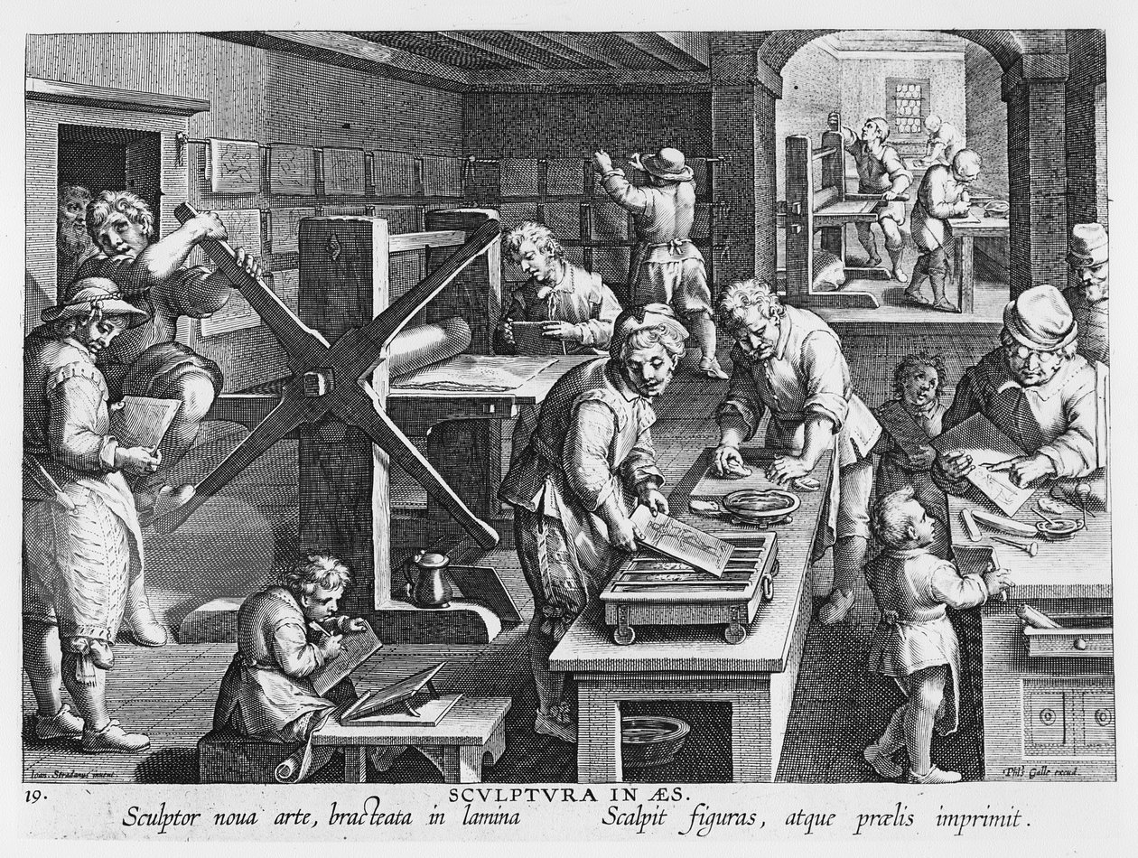 Vynález mědirytiny, deska 20 z „Nova Reperta“ (Nové objevy), vyrytý Philipem Gallem (1537-1612) kolem roku 1600 od Jan van der Straet