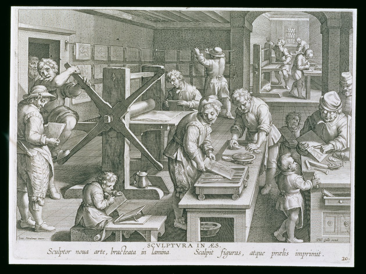 Vynález mědirytiny, deska 20 z „Nova Reperta“ (Nové objevy), vyrytý Philipem Gallem (1537-1612) kolem roku 1600 od Jan van der Straet