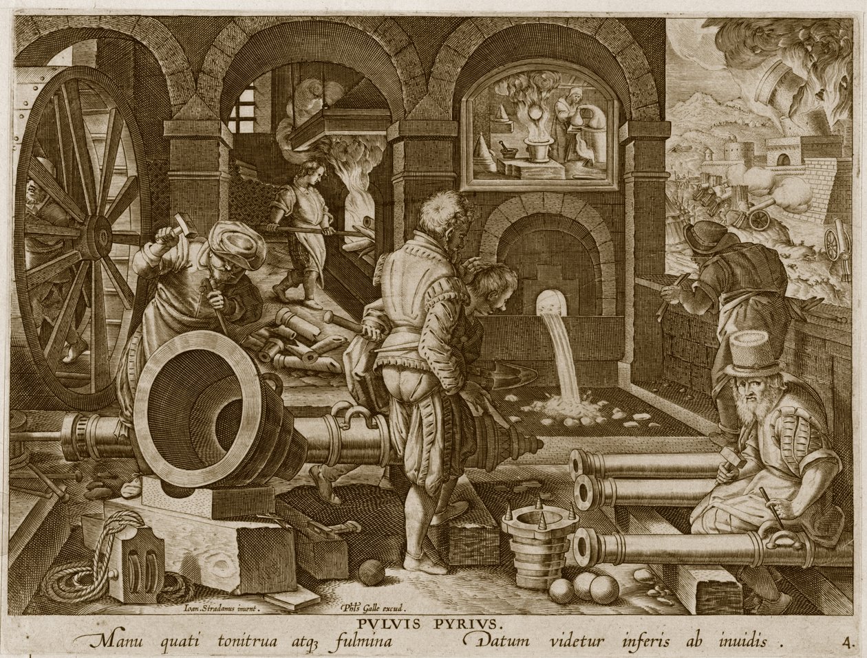 Vynález střelného prachu a první lití bronzového děla, deska 4 z „Nova Reperta“ (Nové objevy), vyrytá Philipem Gallem (1537-1612) kolem roku 1600 od Jan van der Straet