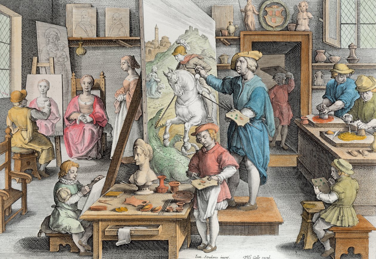 Vynález olejové barvy, deska 15 z „Nova Reperta“ (Nové objevy) vyrytý Philipem Gallem (1537-1612) kolem 1600 (pozdější kolorování) od Jan van der Straet